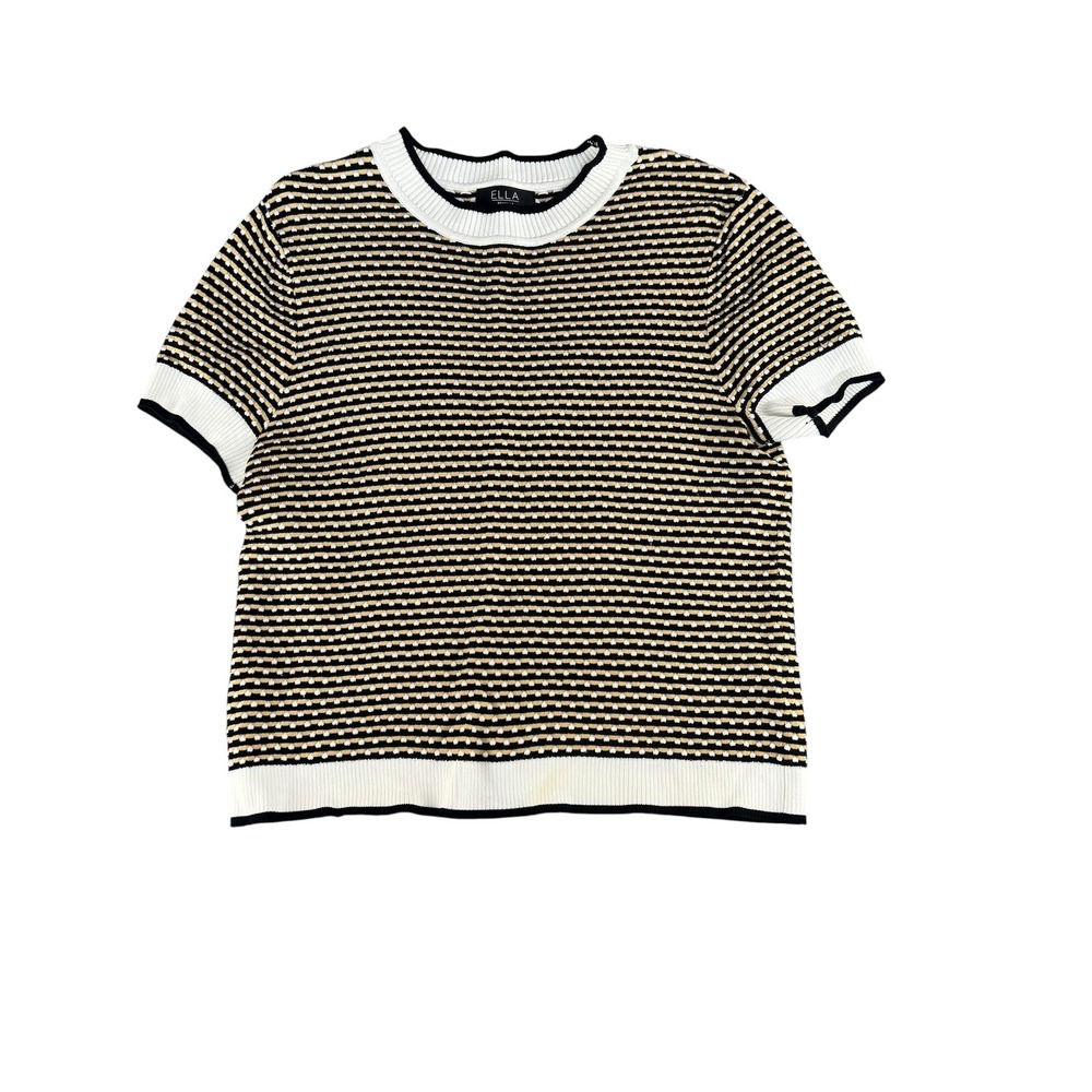 Ella‎ Rafaella Womens Short Sleeve Striped Knit Sweater Top Black White Gold M
